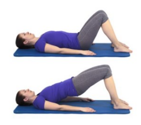 Two images of a woman laying on an exercise mat on her back with her knees bent and arms by her side. The top image shows the relaxed position, while underneath the image shows her bottom lifted up so her body is diagonal and in a straight line from head to knee. 
