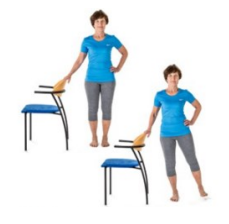 A woman standing up straight holding onto a chair with her right hand. Underneath the same woman is holding onto the chair whilst lifting their left leg sideways.
