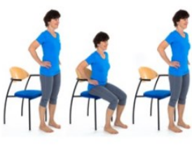Woman standing with her back to a chair and hands on her hips. An image of the same woman is on the right who is now sitting on the chair with her hands on her hips. An image of the woman is on the right standing with her back to the chair and hands on her hips. 