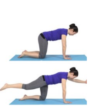 A woman kneels on a exercise mat with palms facing down looking to the floor. The second image shows the same position but the right leg and the left arm have been raised straight so they are using one knee and hand to balance on. 