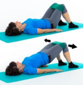 Woman lying on her back with knees bent and an exercise band placed around her thighs, above her knees. The same woman is underneath lying on the exercise mat in the same position wit her bottom and pelvis off the floor and her knees pushing outwards.