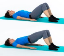 Woman lying on her back on an exercise mat with her legs bent and feet on the floor. An image of the same woman underneath lying on her back on the exercise mat with her back, bottom and pelvis raised off the floor, whilst keeping feet on the floor. 