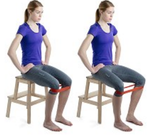 Woman sitting on a bench with feet flat on the floor and a mini band around her legs, close to her knees. Image of the same woman on the right sitting in the same position but pushing her knees outwards, against the band.